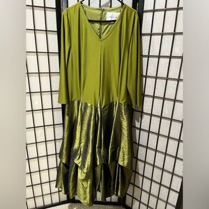 SERAFINA Olive GREEN QUATER SLEEVE V-Neck ASYMMETRICAL SATIN Layered Dress SZ 16